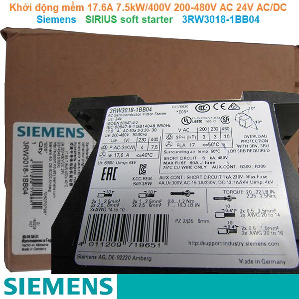 Khởi động mềm 17.6A 7.5kW/400V 200-480V AC 24V AC/DC - Siemens - SIRIUS soft starter 3RW3018-1BB04
